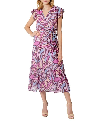 Sam Edelman Chiffon Abstract Print V-Neck Short Flutter Sleeve Wrap Midi Dress