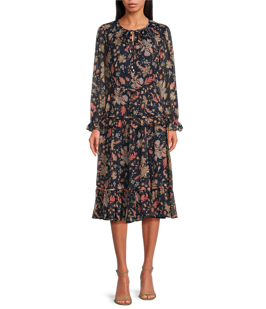 Sam Edelman Clarice Floral Crinkle Chiffon V-Neck Long Sleeve Swing Midi Dress