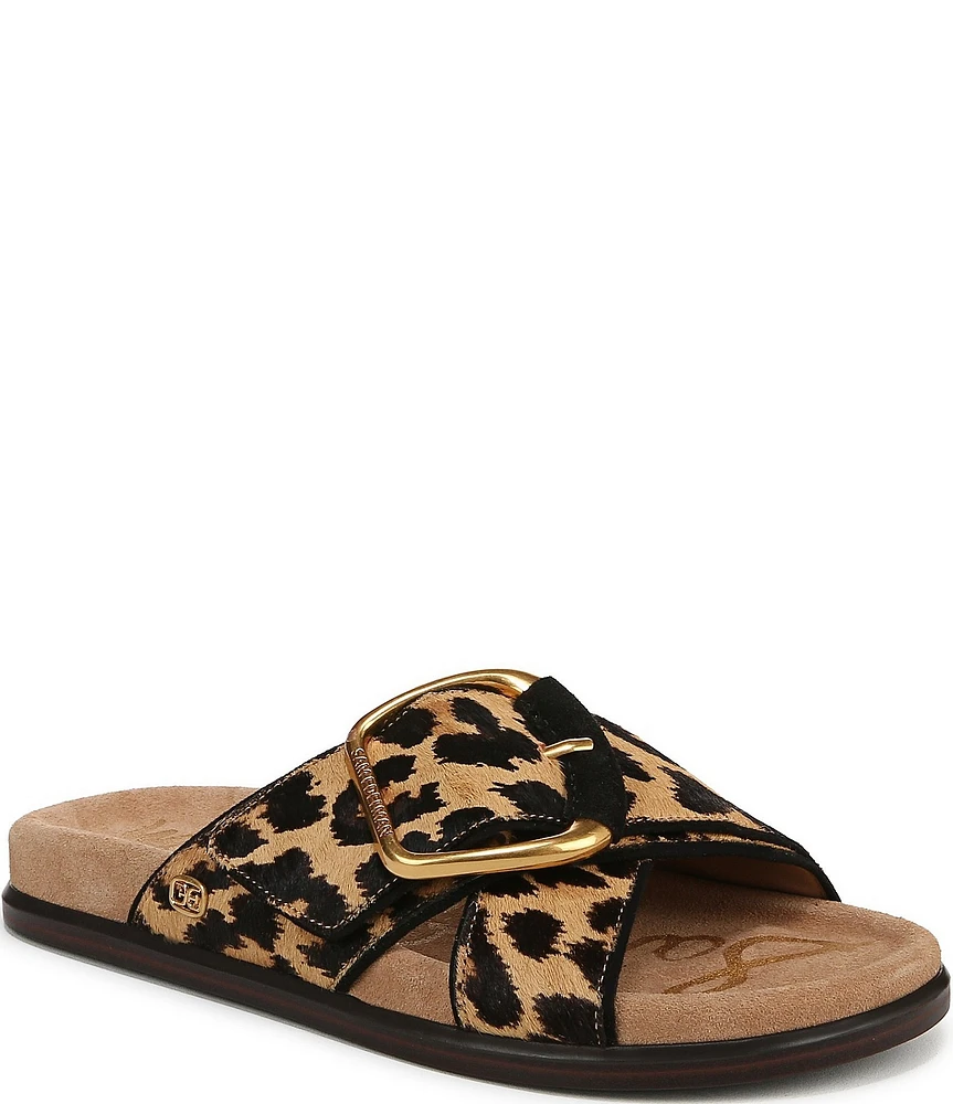 Sam Edelman Darla Leopard Print Calf Hair Criss Cross Buckle Hardware Slide Sandals