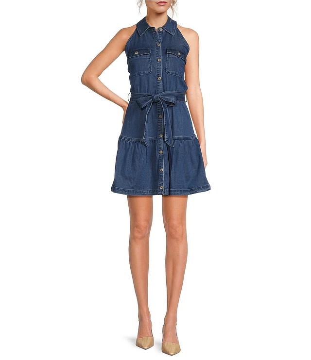 Sam Edelman Diana Denim Halter Neck Sleeveless Belted Shirt Dress | Liberty  Center