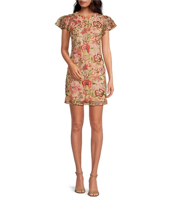 Sam Edelman Embroidered Floral Print Crew Neck Short Sleeve Sheath Mini Dress