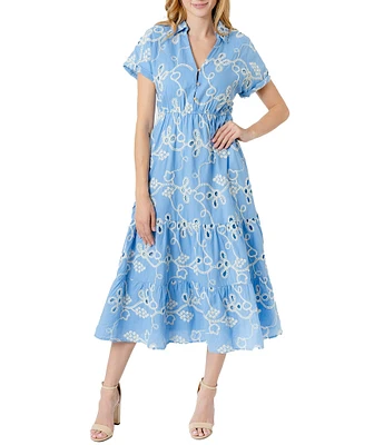 Sam Edelman Eyelet Embroidered Floral Point Collar Neck Short Sleeve Button Front A-Line Midi Dress