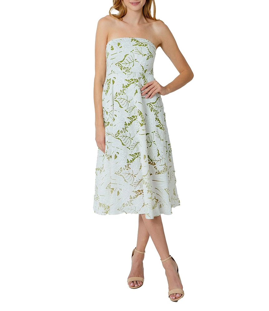 Sam Edelman Jacquard Palm Print Strapless Neck Sleeveless A-Line Midi Dress