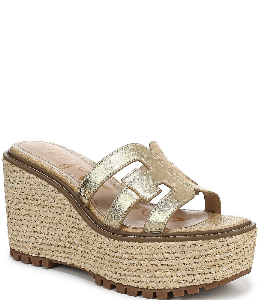 Sam Edelman Laine Leather Raffia Logo Wrapped Platform Slide Sandals