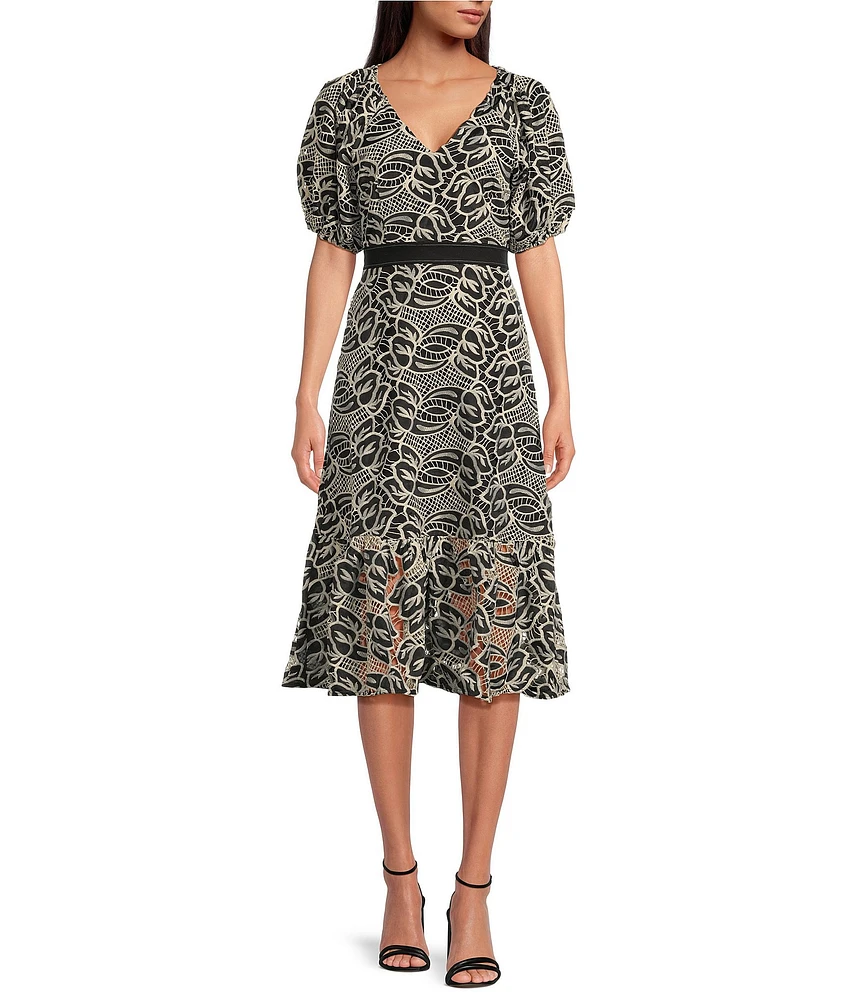 Sam Edelman Printed V-Neck Artisanal Puff Sleeves Fit & Flare Midi Dress