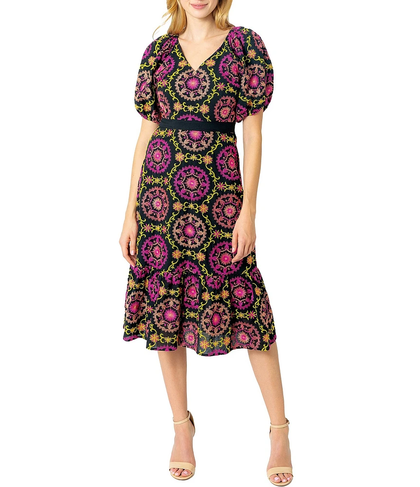 Sam Edelman Regalia Eyelet Placement Print V-Neck Short Puff Sleeve A-Line Midi Dress