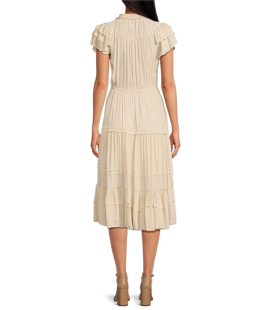Sam Edelman Split Tie Crew Neck Short Ruffle Sleeve Tiered Midi Dress