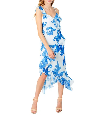 Sam Edelman Swirl Print V Neck Sleeveless Ruffle Asymmetrical Hem Slip Midi Dress