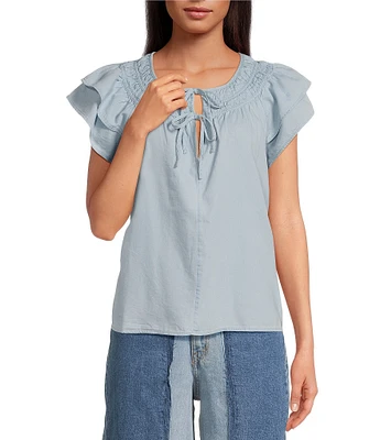 Sam Edelman Tabitha Split V-Neck Short Ruffle Sleeve Top