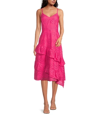 Sam Edelman V-Neck Sleeveless Asymmetrical Tiered Ruffle Eyelet Midi Dress
