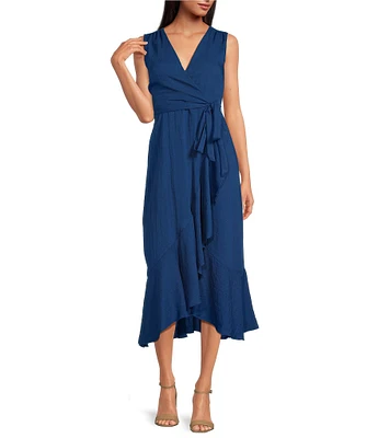 Sam Edelman V-neck Sleeveless Ruffle Hem Faux Wrap Midi Dress