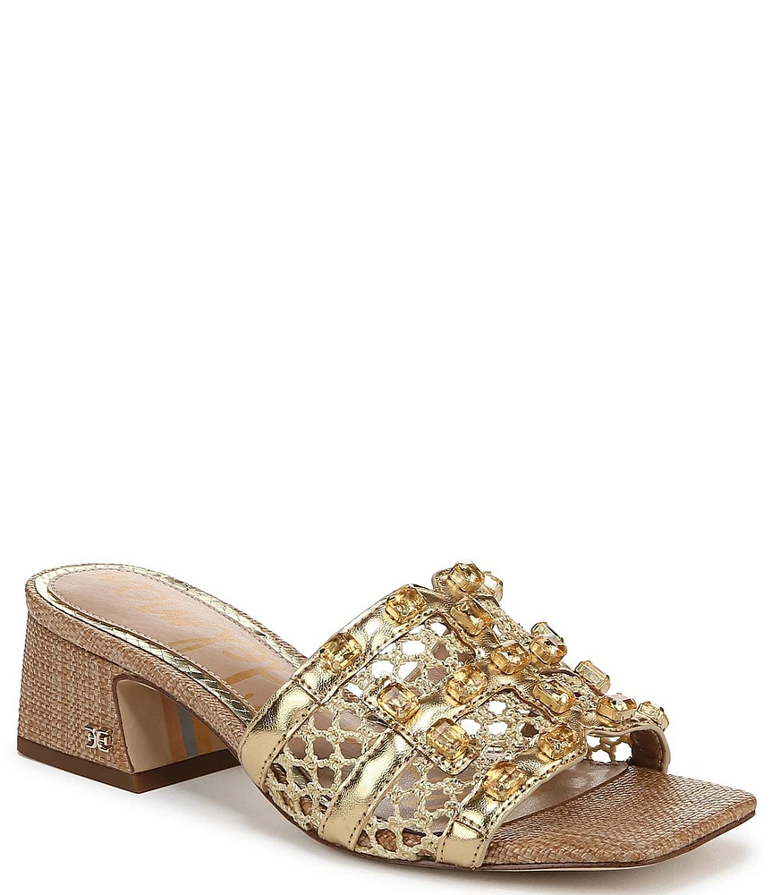 Sam Edelman Webster Double E Jewel Ornamented Raffia Detail Slide Sandals