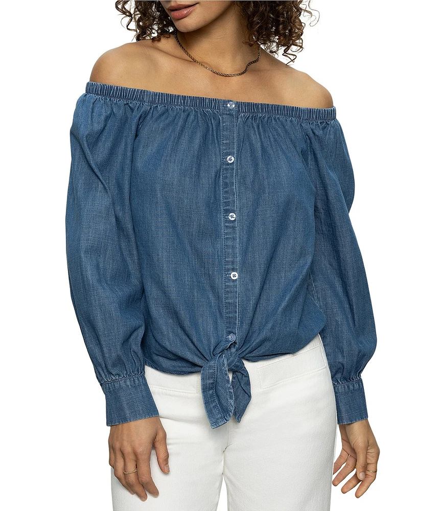 Sanctuary Ballet Off-The-Shoulder Long Sleeve Tie Front Top