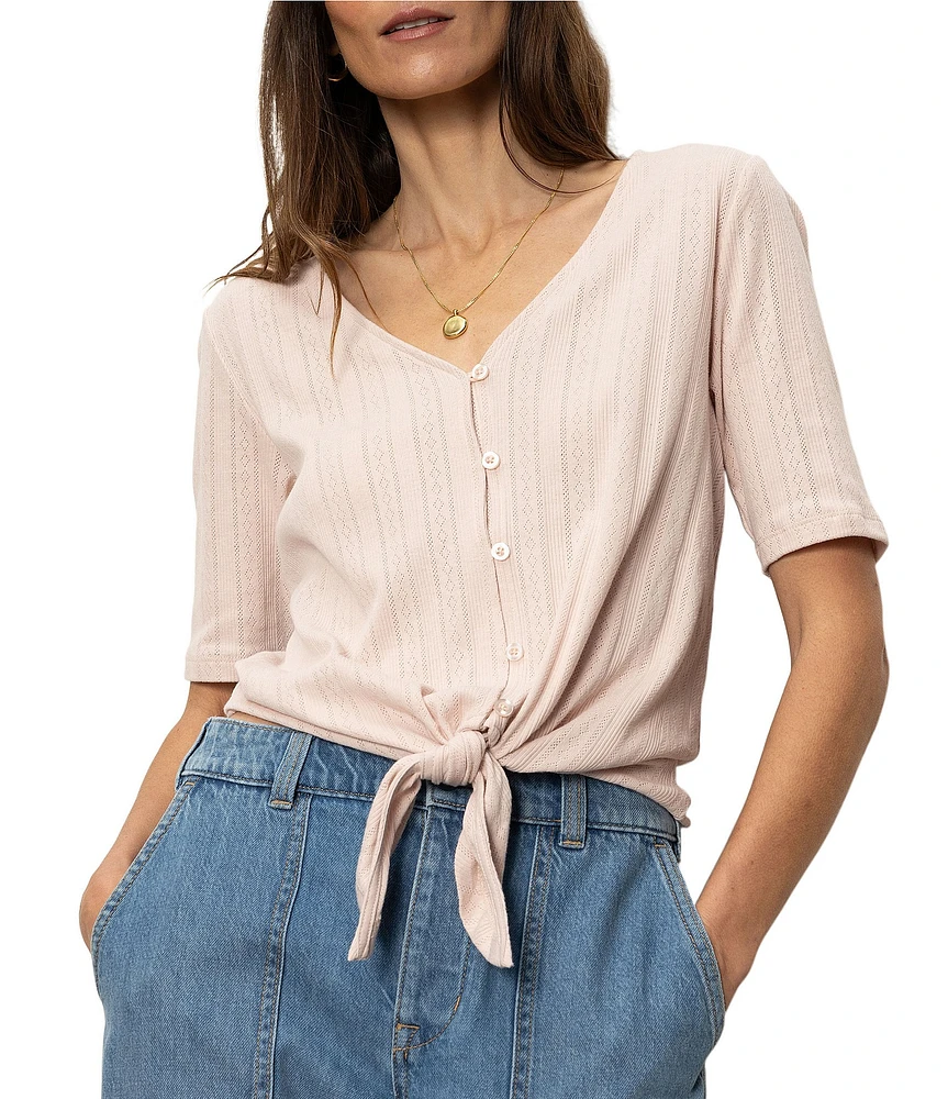 Sanctuary Pointelle V-Neck Short Sleeve Button Front Top