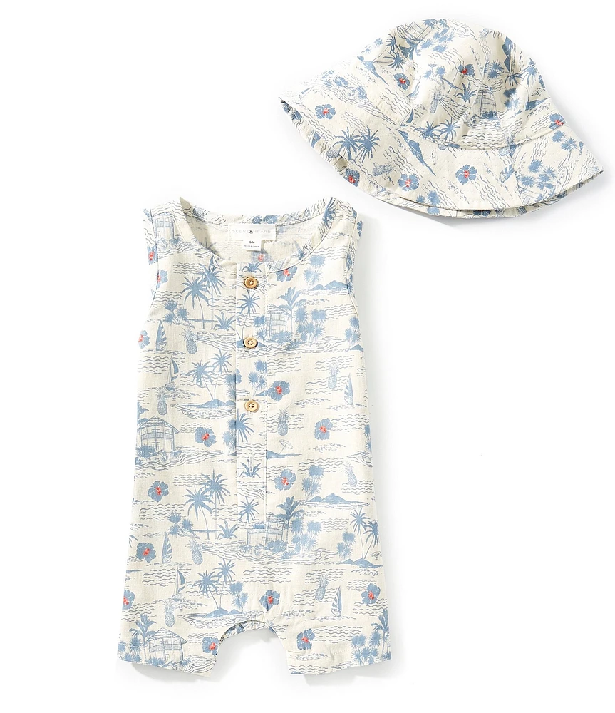 Scene&Heard Baby Boys Sleeveless Printed Shortall and Hat Set