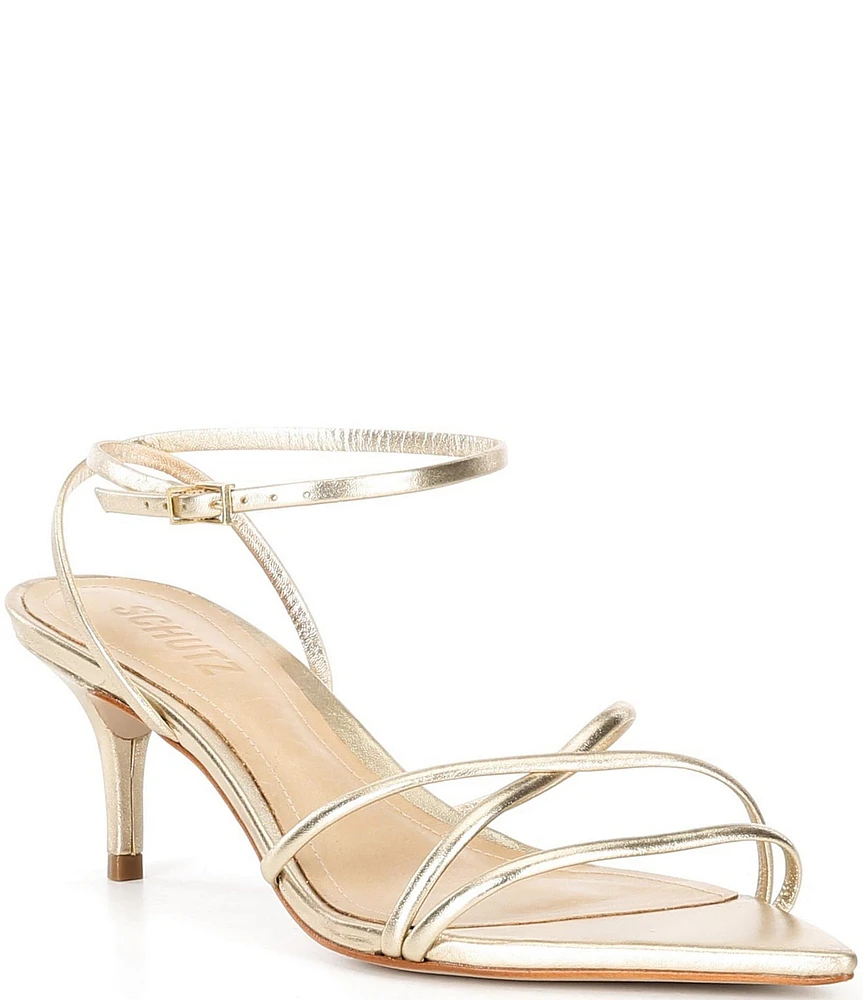 Schutz Desiree Metallic Leather Ankle Strap Heeled Dress Sandals