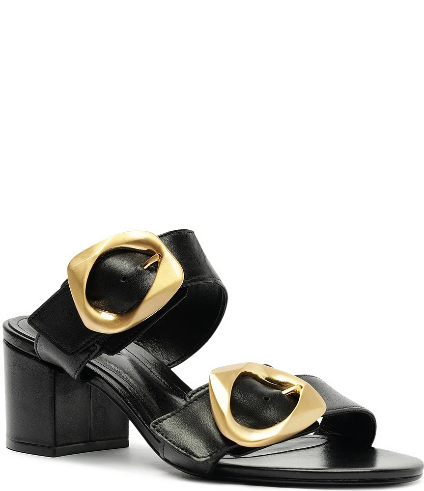 Schutz Olga Leather Block Heel Buckled Slides