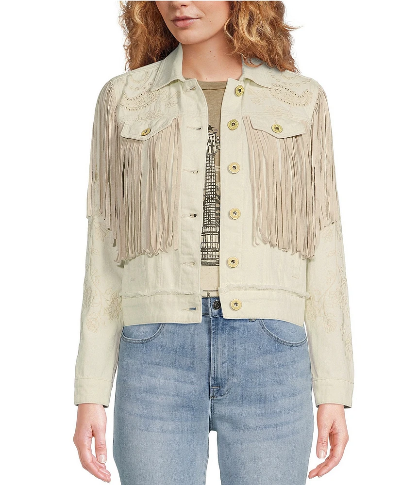 Scully Western Embroidered and Fringe Detailed Western Denim Jean Statement Jacket