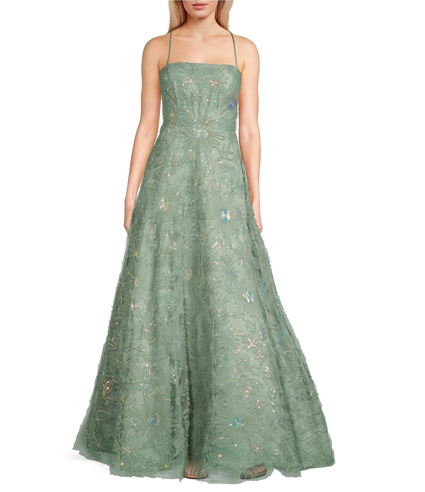 B. Darlin Sequin Floral Square Neck Ball Gown
