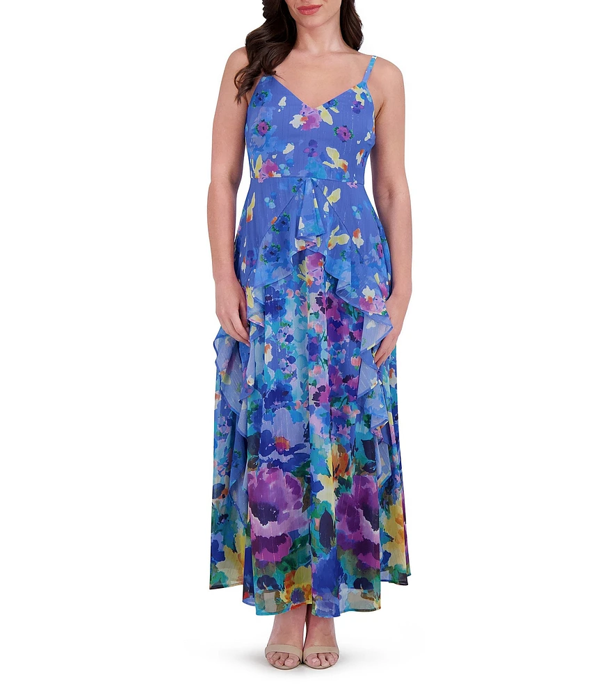 SIENA Chiffon Floral Print V Neck Sleeveless A-Line Midi Dress