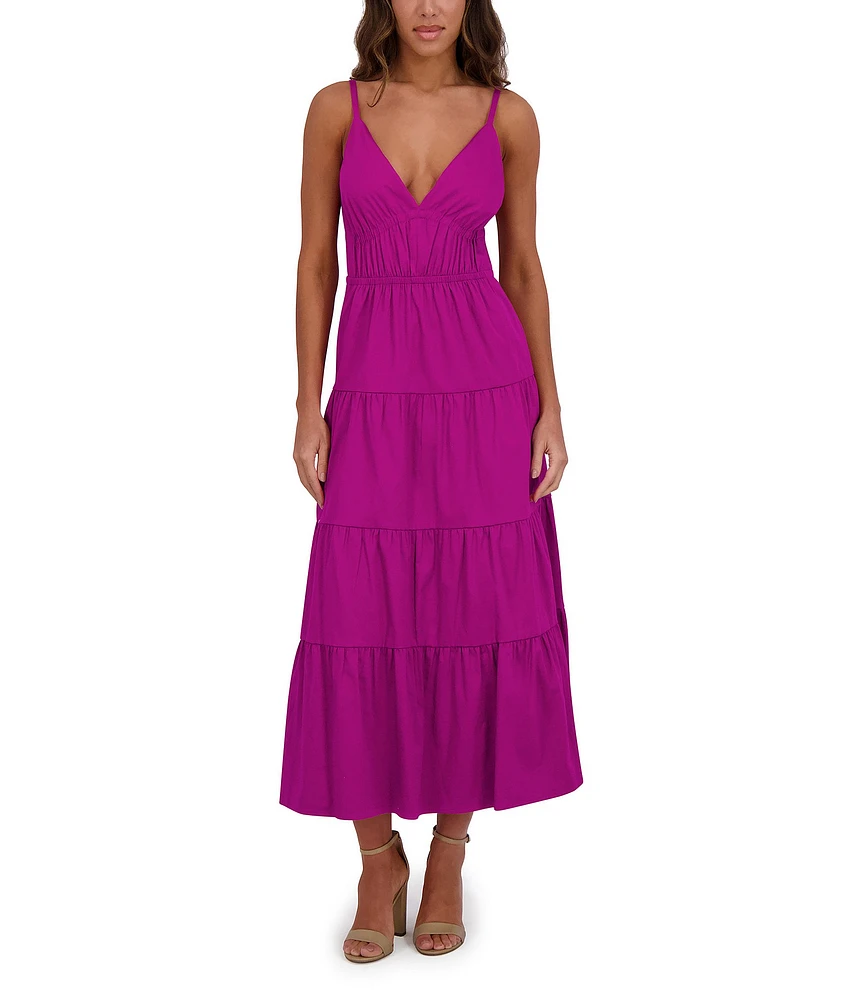 SIENA Solid Stretch Cotton Blend Plunge V-Neck Sleeveless Tiered Hem A-Line Midi Dress