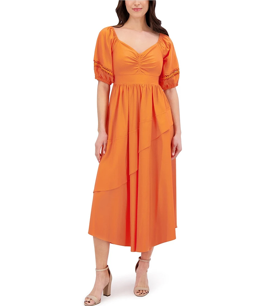 SIENA Sweetheart Neck Short Sleeve Ruched Stretch Woven Smocked Back Midi Dress