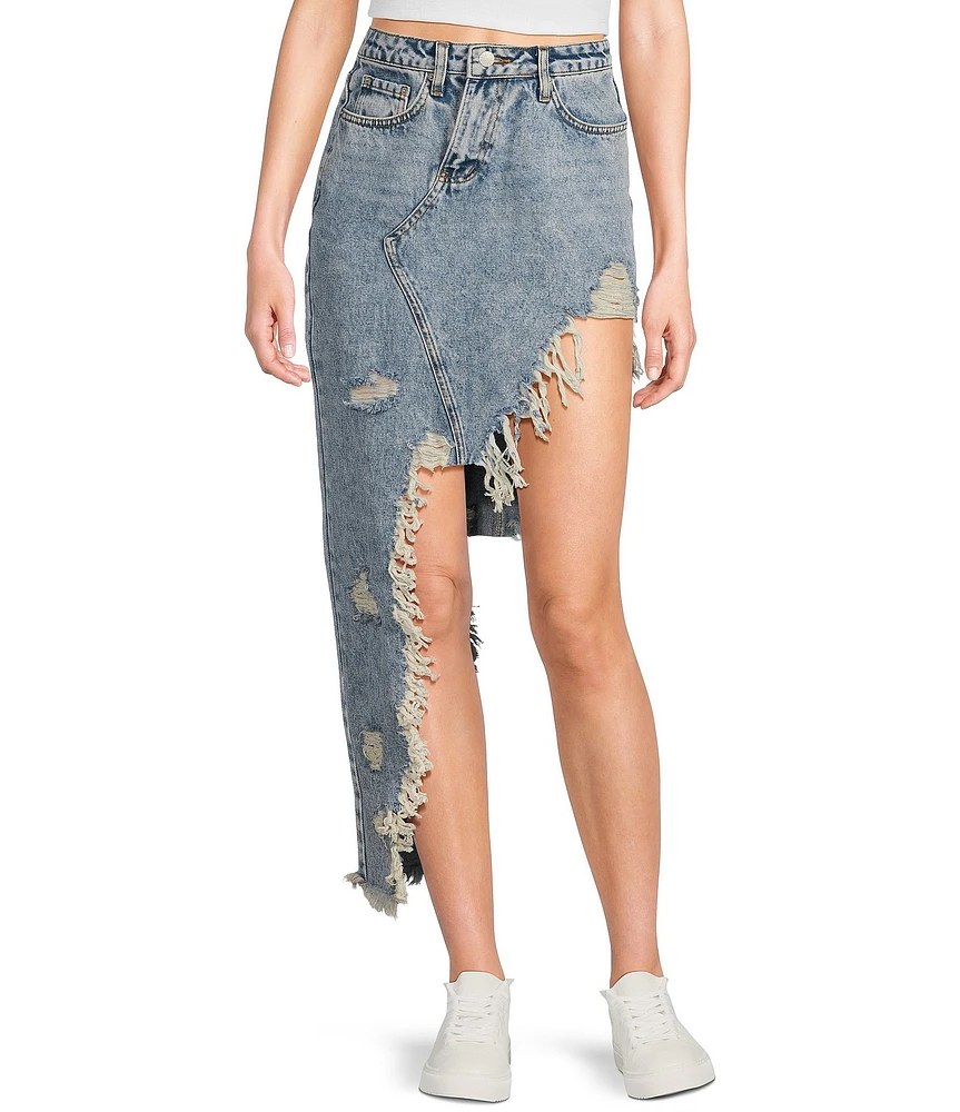 Signature 8 High-Low Fringed Distressed Denim Skirt