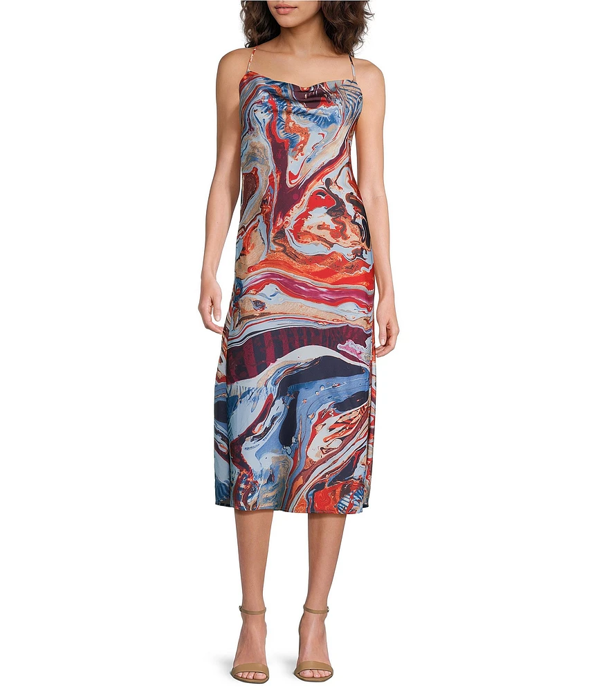 Skies Are Blue Abstract Print Cowl Neck Sleeveless Midi Slip Dress