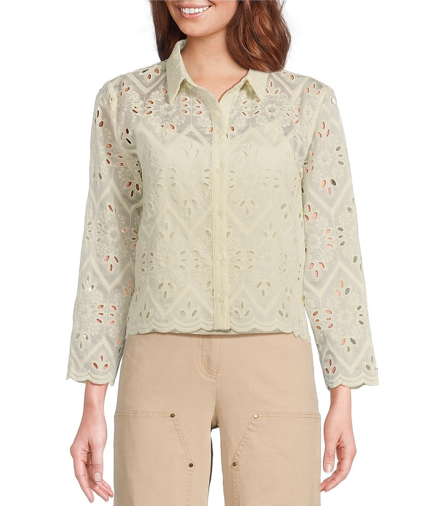 Skies Are Blue Chiffon Eyelet Button Front Point Collar Long Sleeve Blouse