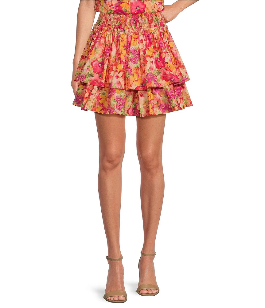 Skies Are Blue Coordinating Floral Print High Waisted Tiered Mini Skirt