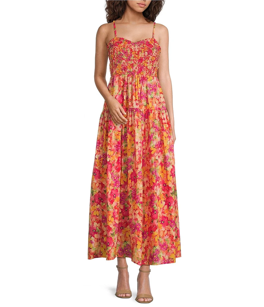 Skies Are Blue Floral Print Sweetheart Neck Sleeveless Smocked Bust Maxi Dress