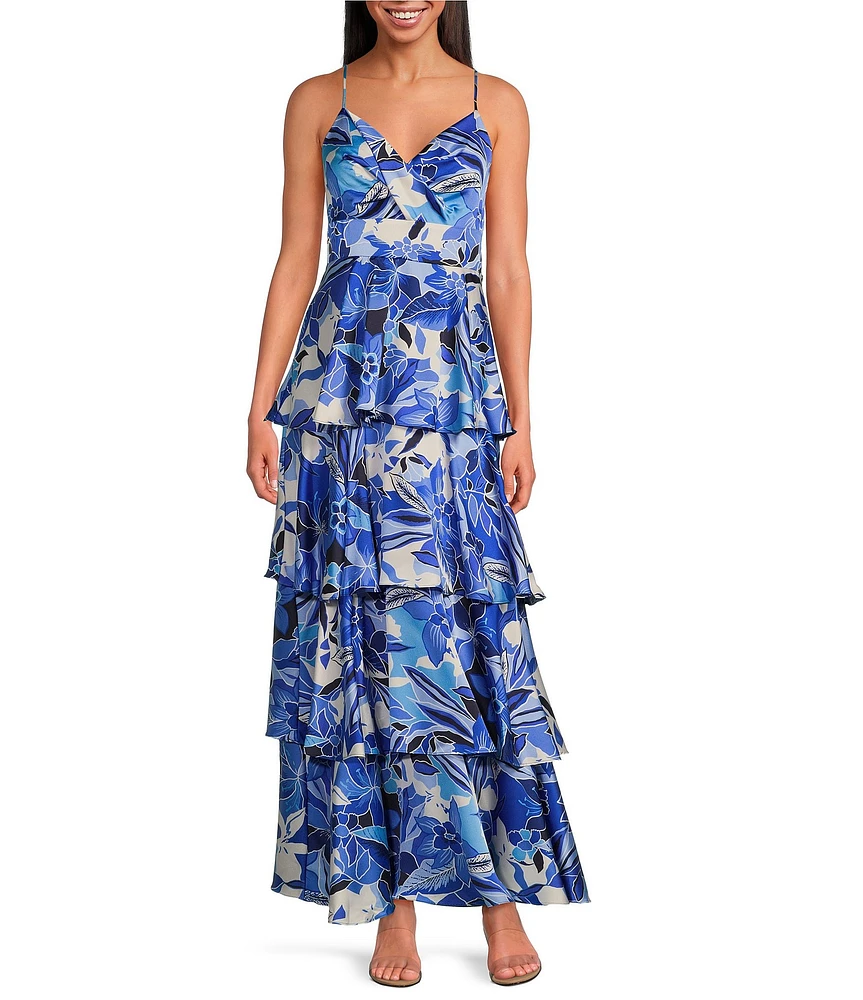 Skies Are Blue Floral Print V-Neck Sleeveless Satin Tier Maxi Dress