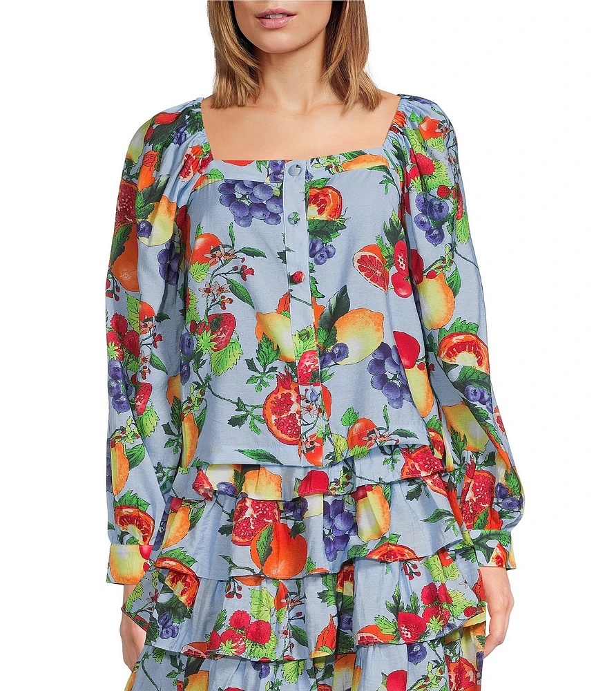 Skies Are Blue Coordinating Fruit Printed Square Neck Button Front Long Sleeve Top