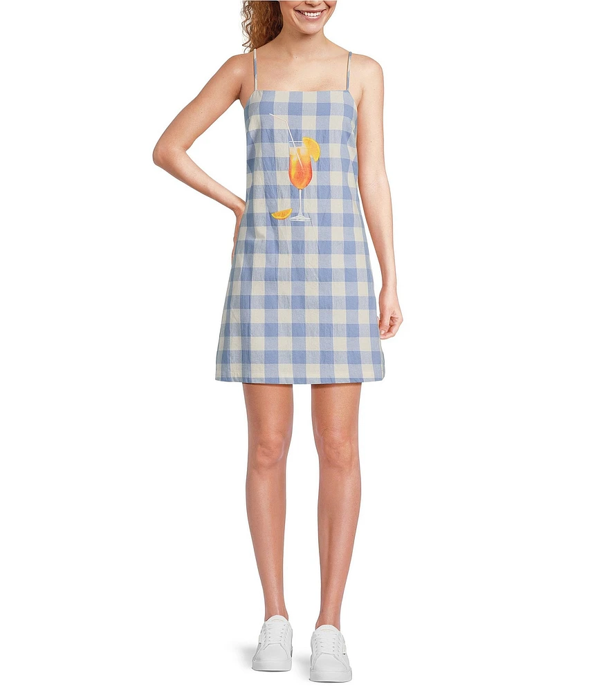 Skies Are Blue Gingham Graphic Cocktail Print Square Neckline Sleeveless Mini Dress