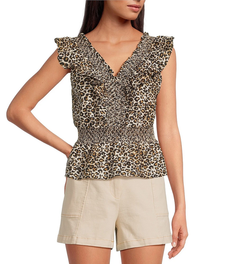 Skies Are Blue Leopard Poplin V-Neck Ruffle Cap Sleeve Smocked Peplum Top