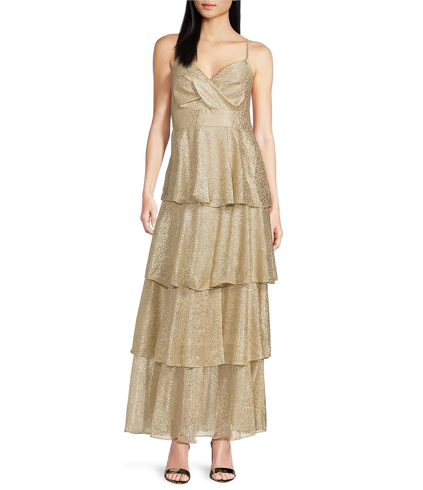 Skies Are Blue Lurex Metallic Shimmer Sweetheart Neck Sleeveless Tiered Maxi Dress