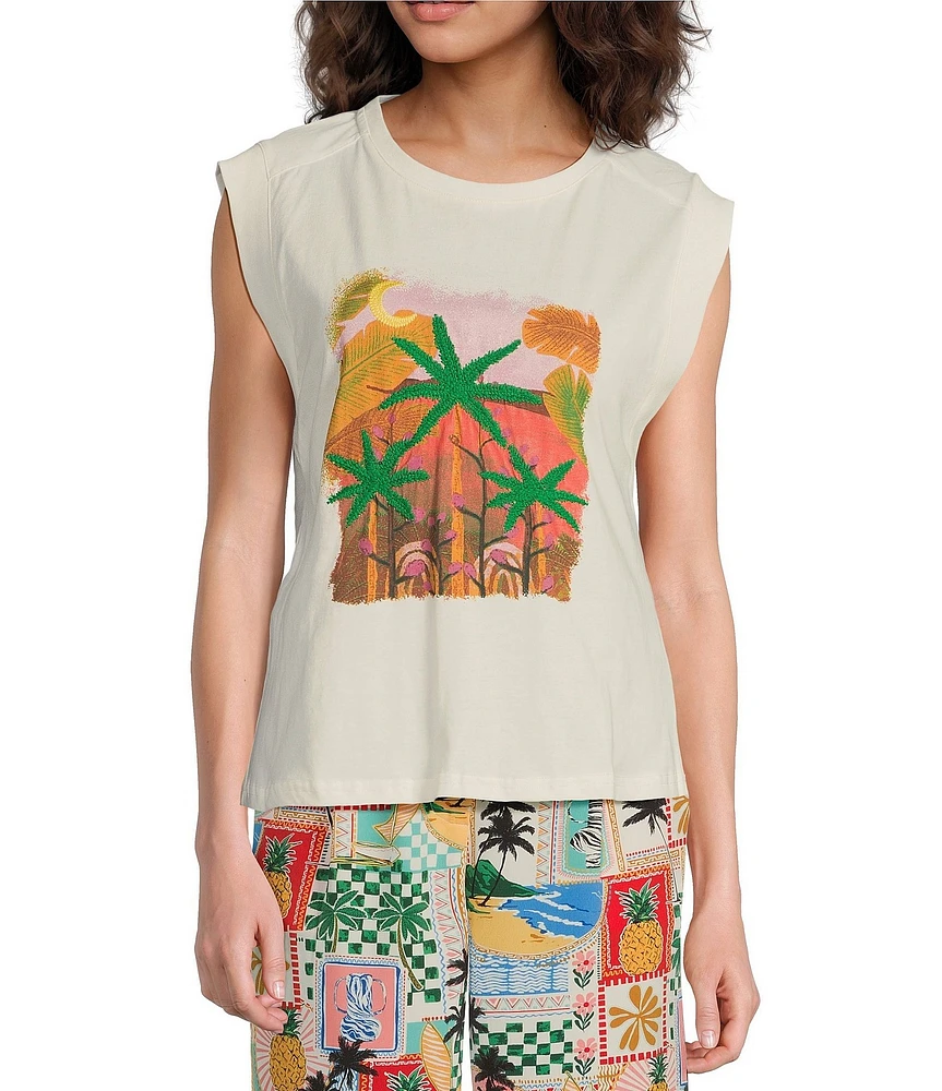 Skies Are Blue Tropical Palm Printed Crew Neck Sleeveless Graphic Tee