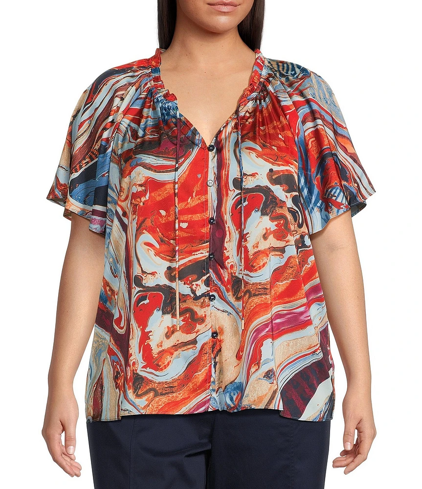 Skies Are Blue Plus Abstract Printed Flutter Sleeve Ruffled Blouse