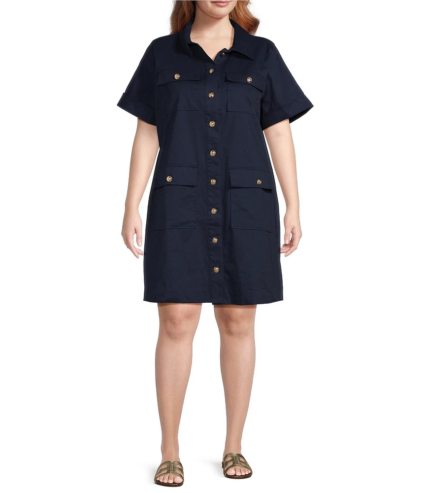 Skies Are Blue Plus Size Chino Short Sleeve Button Front Dress