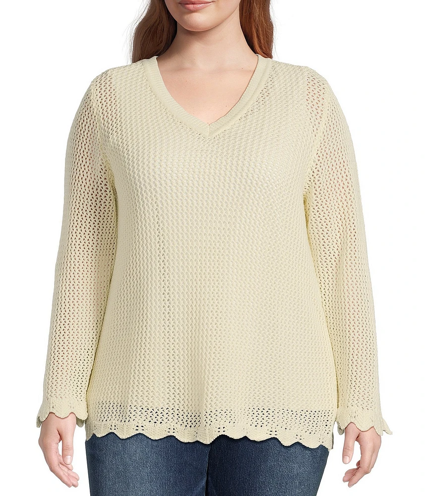 Skies Are Blue Plus Crochet Long Sleeve Scalloped Hem Sweater