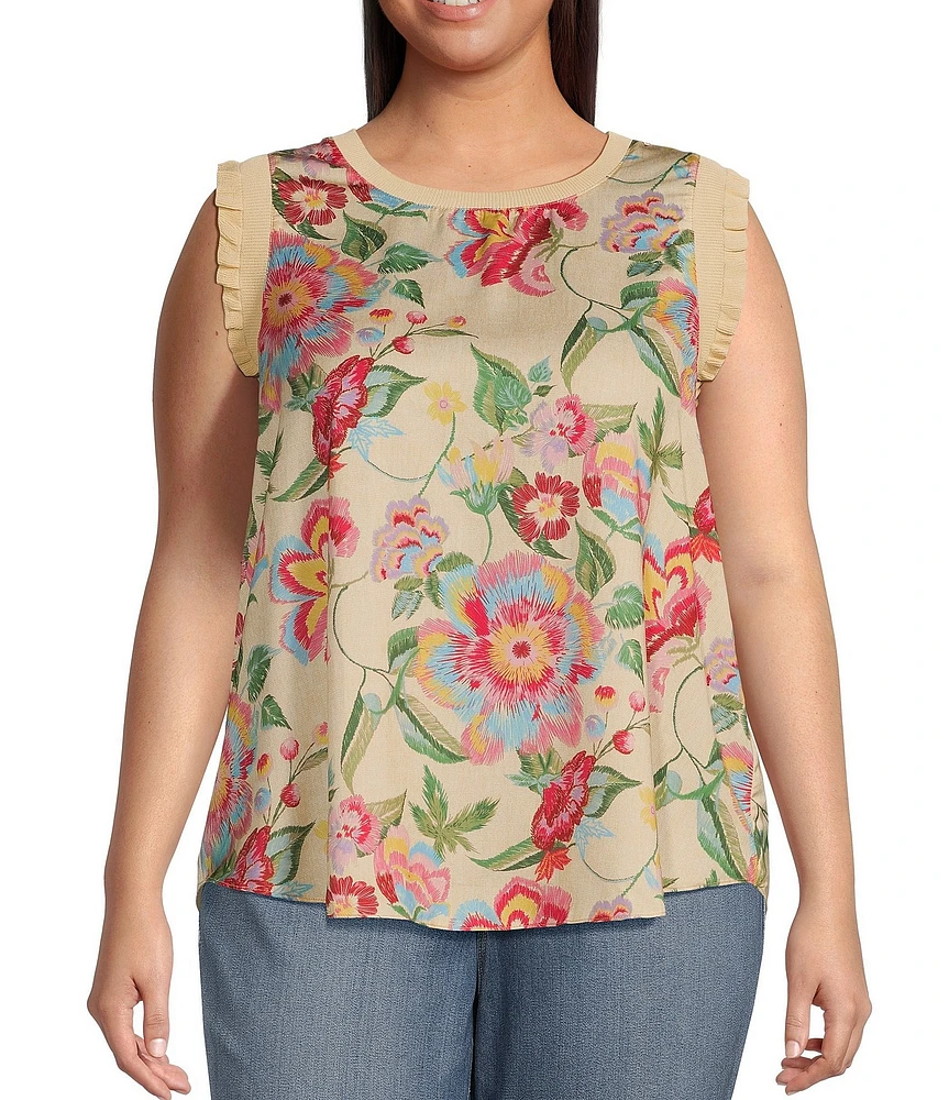 Skies Are Blue Plus Floral Ribbed Ruffled Tank Top