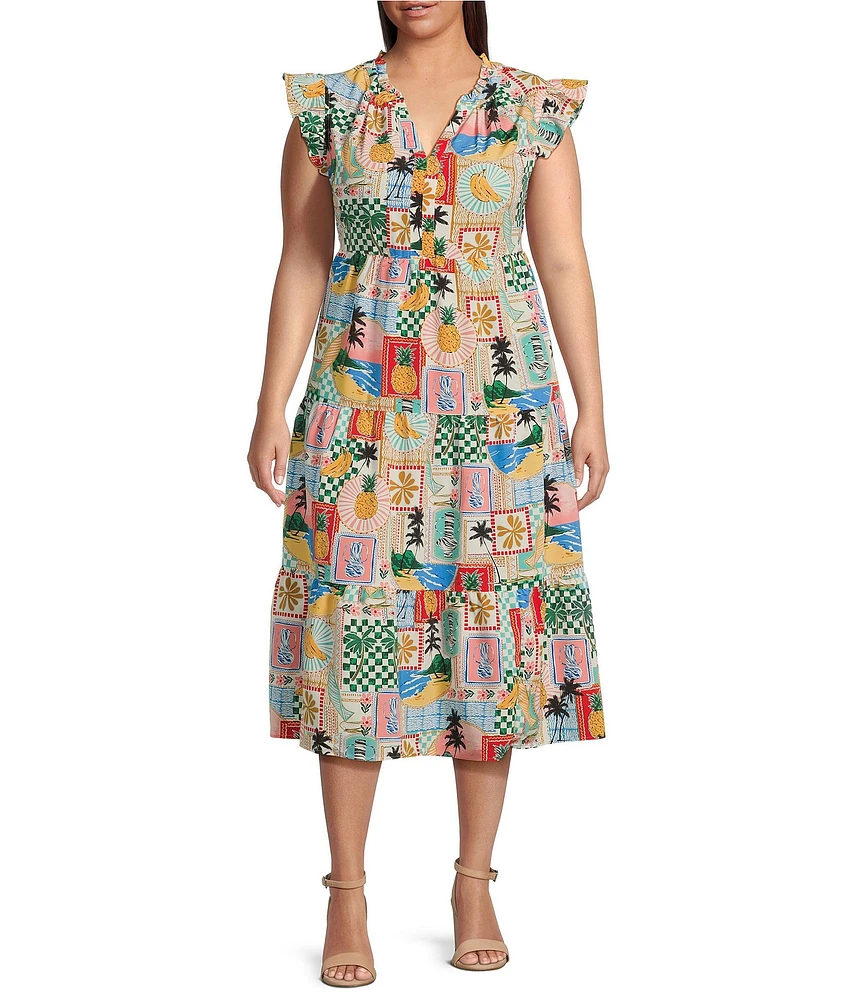 Skies Are Blue Plus Flutter Sleeve Printed Midi Dress