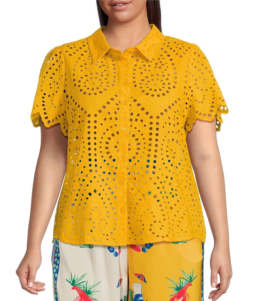 Skies Are Blue Plus Size Eyelet Short Sleeve Woven Blouse