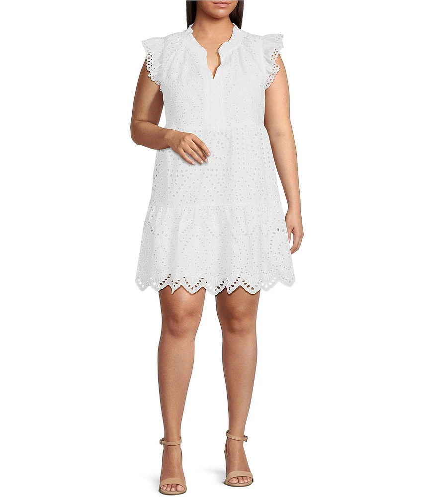 Skies Are Blue Plus Size Flutter Sleeve Eyelet A-Line Mini Dress