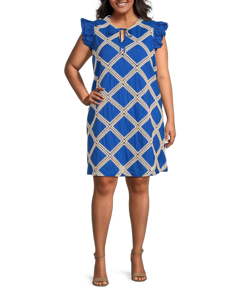 Skies Are Blue Plus Size Macrame Embroidered Pattern Sleeve Mini Dress