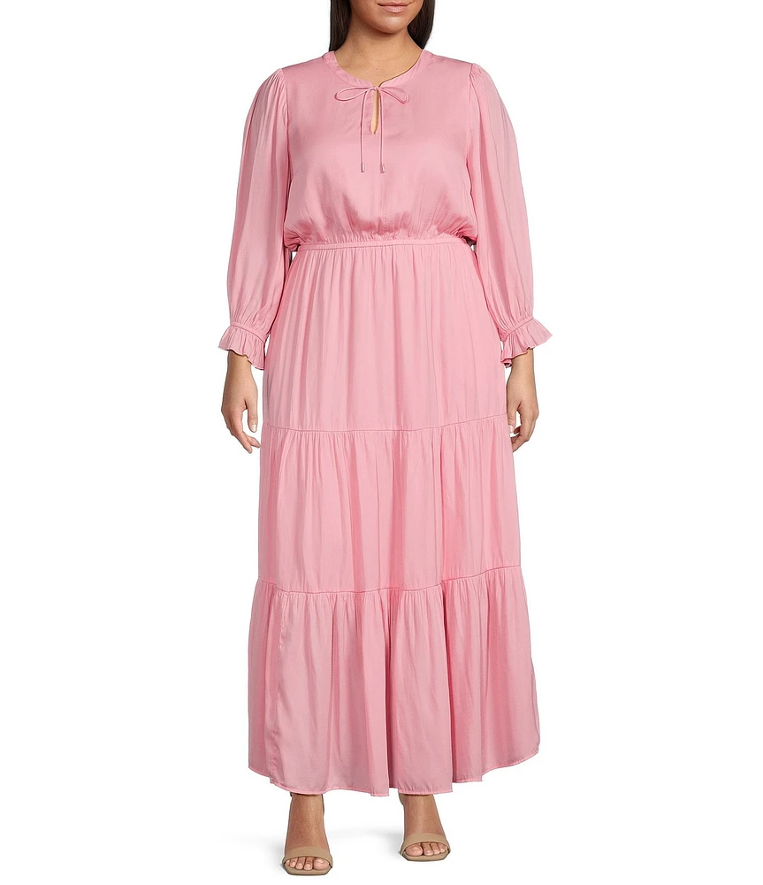Skies Are Blue Plus Solid Woven Long Ruffle Sleeve Front Tie Tiered Dress
