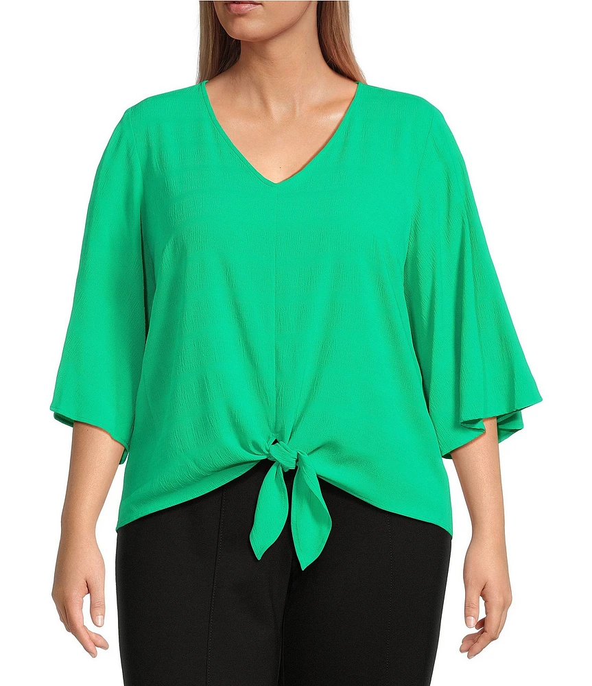 Slim Factor By Investments Plus Size Dylan Tie Front V-Neck 3/4 Sleeve Top