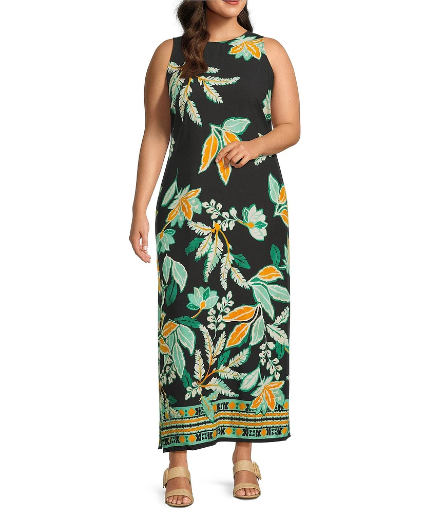 Slim Factor by Investments Plus Size Fir Tropical Tapestry Print Sleeveless Crew Neck Maxi Dress