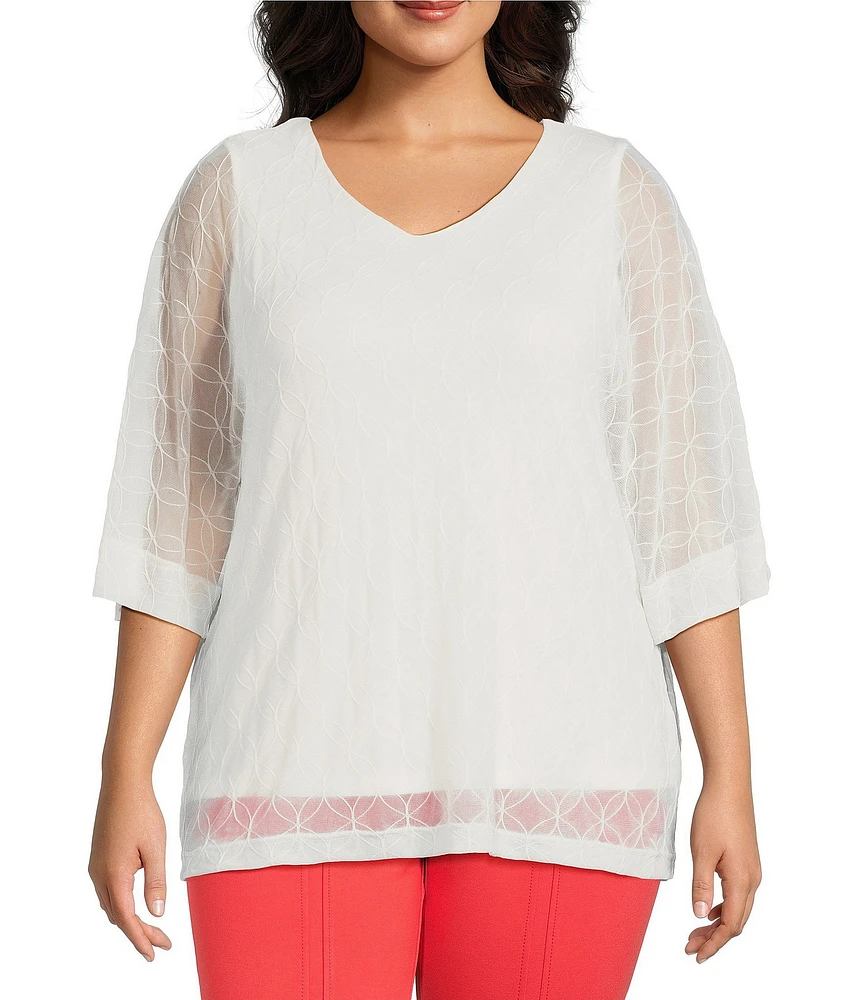 Slim Factor by Investments Plus Size V-Neck 3/4 Sleeve Textured Overlay Top