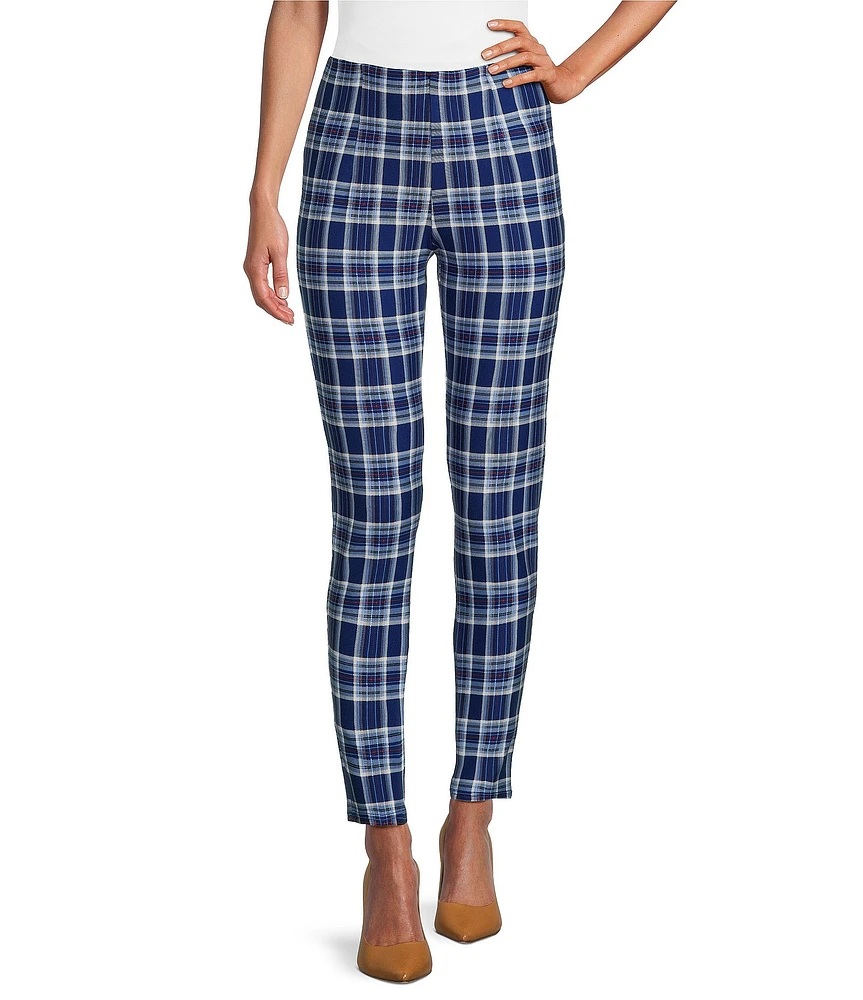 Slim Factor by Investments Ponte Knit Blue Plaid No Waist Skinny Leg Leggings